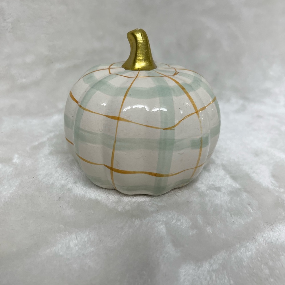 Ceramic Teal and Orange Plaid Pumpkin